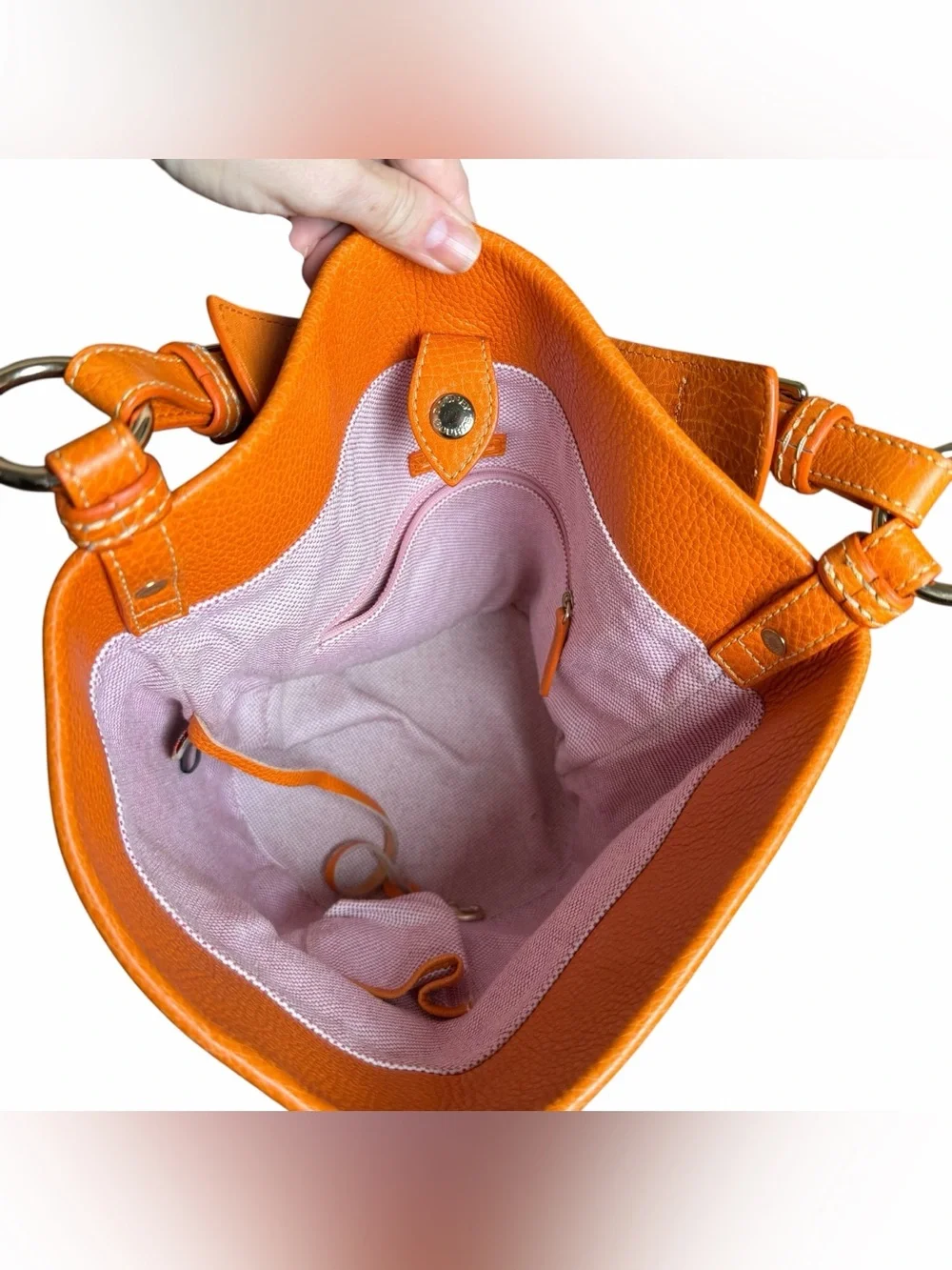 Dooney & Bourke Orange Pebbled Leather Bucket Hobo Shoulder Bag Y2K Pink Lining